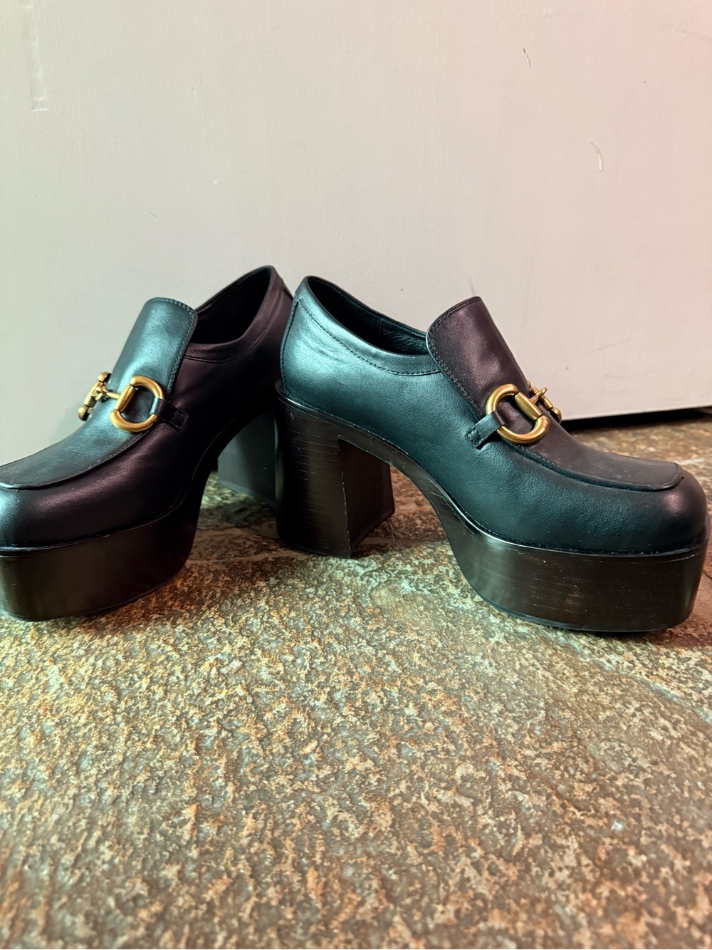 Jeffrey Campbell Black Leather Platform Loafers with Gold Bit